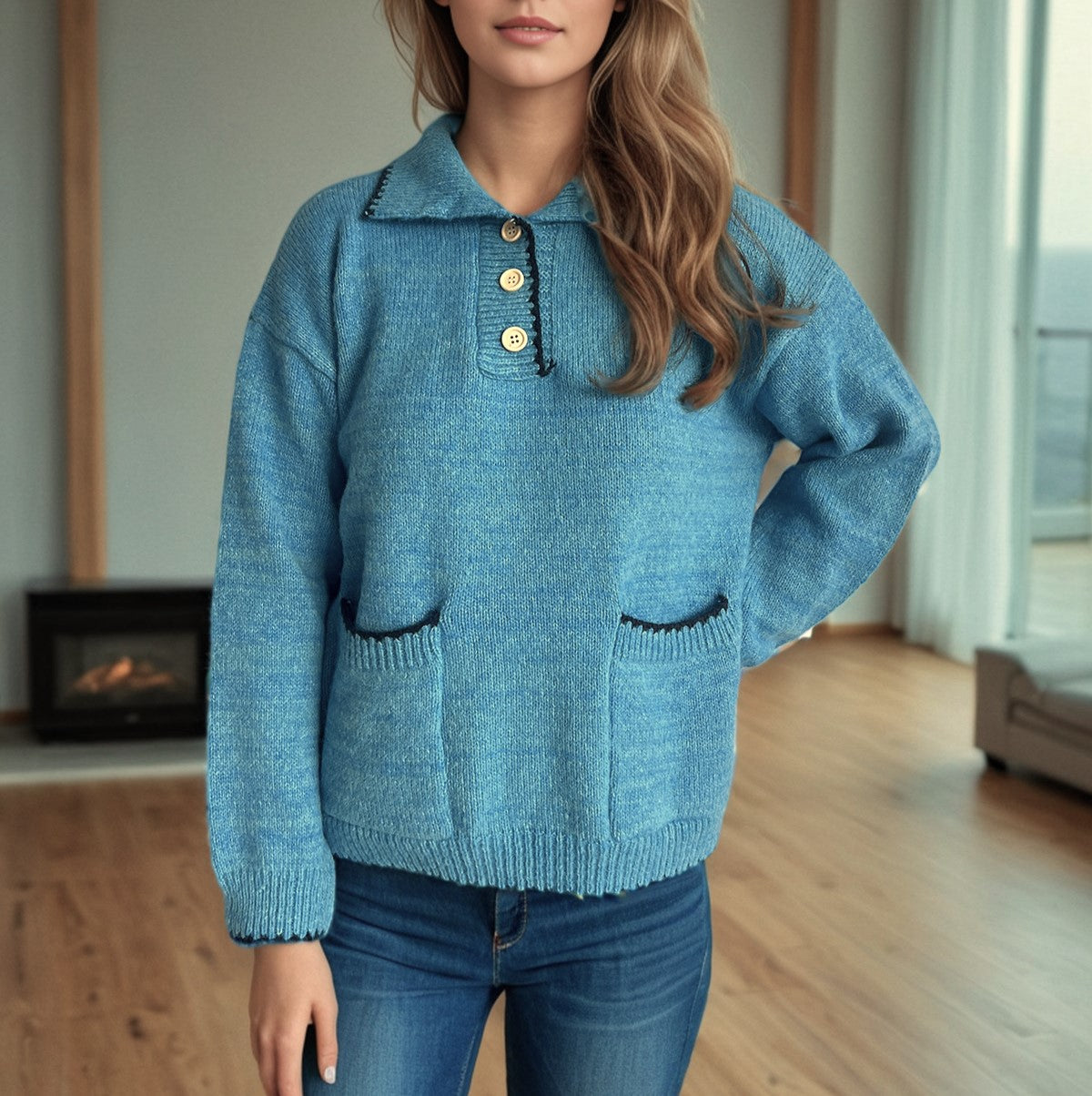 Collared Half Button Slouchy Knit Sweater - view 1