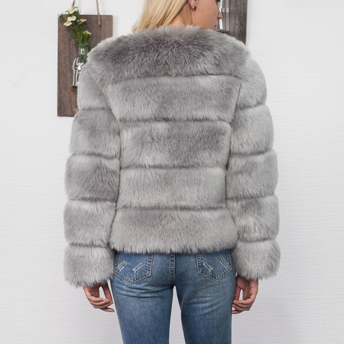 Cropped Tiered Faux Fur Winter Coat - Grey - 1