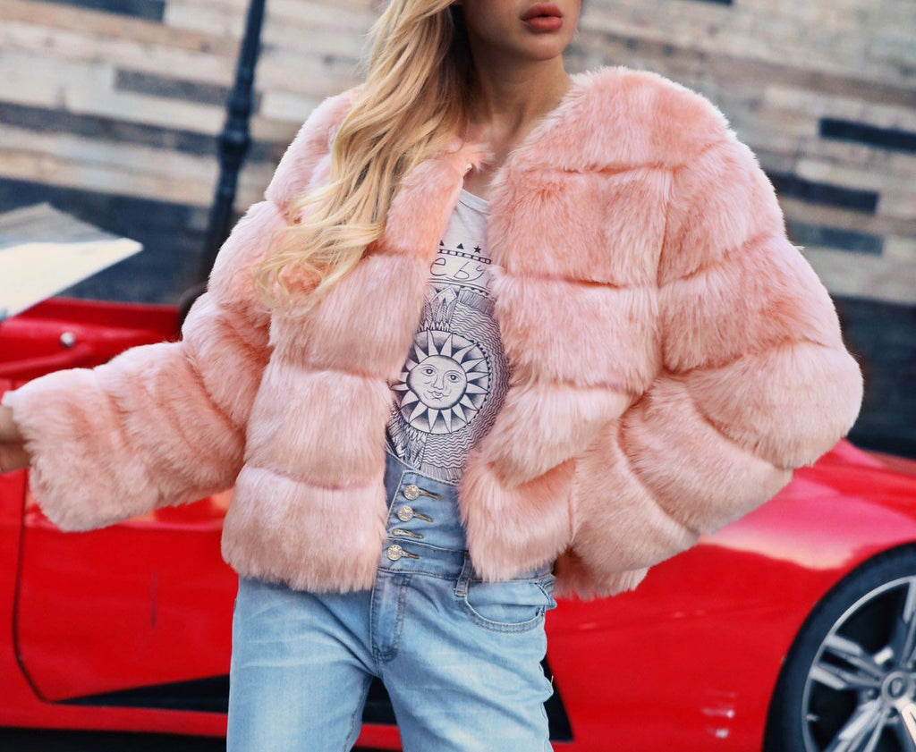 Cropped Tiered Faux Fur Winter Coat - Pink - 3