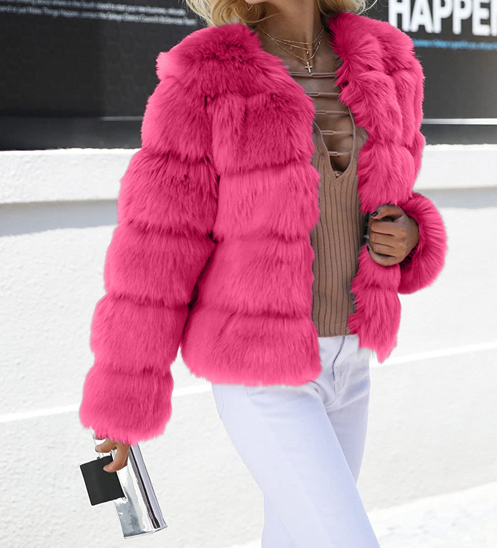Cropped Tiered Faux Fur Winter Coat - Rosered