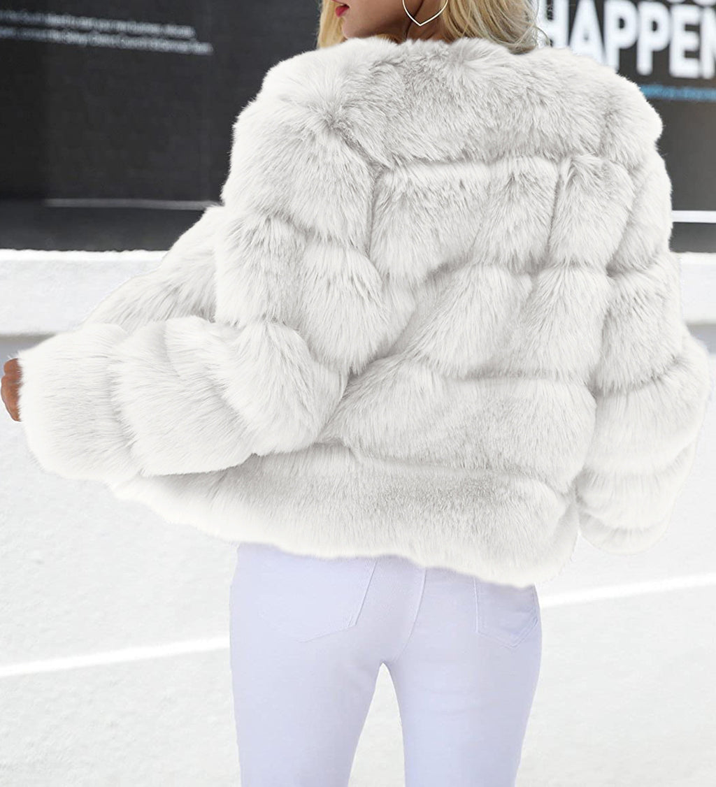Cropped Tiered Faux Fur Winter Coat - White - 1