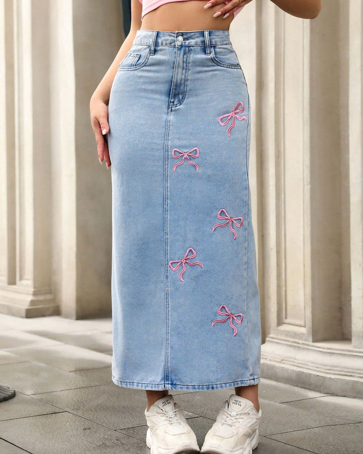 Bow Embroidered Denim Maxi Skirt - Blue - 1