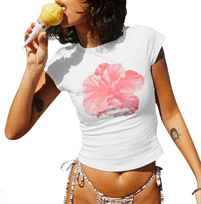 Assorted Print Fitted Cropped Baby Tee - BigFlower
