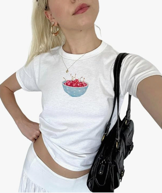 Assorted Print Fitted Cropped Baby Tee - Cherries