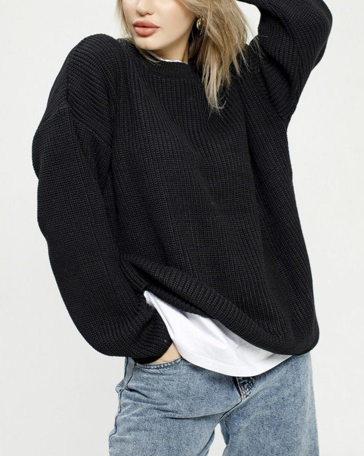 Oversized Chunky Rib Knit Sweater - Black