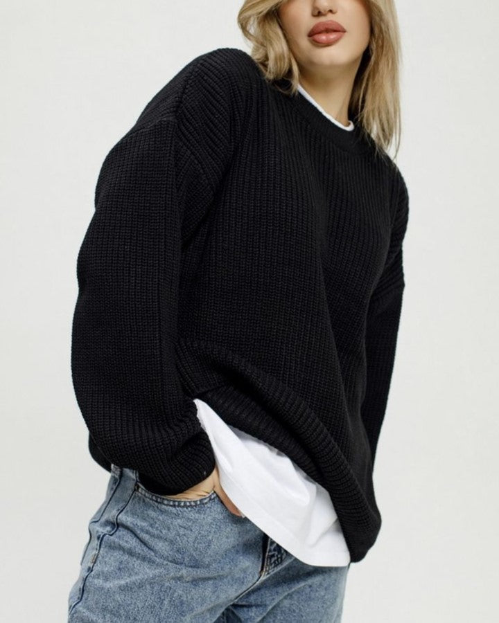 Oversized Chunky Rib Knit Sweater - Black - 1