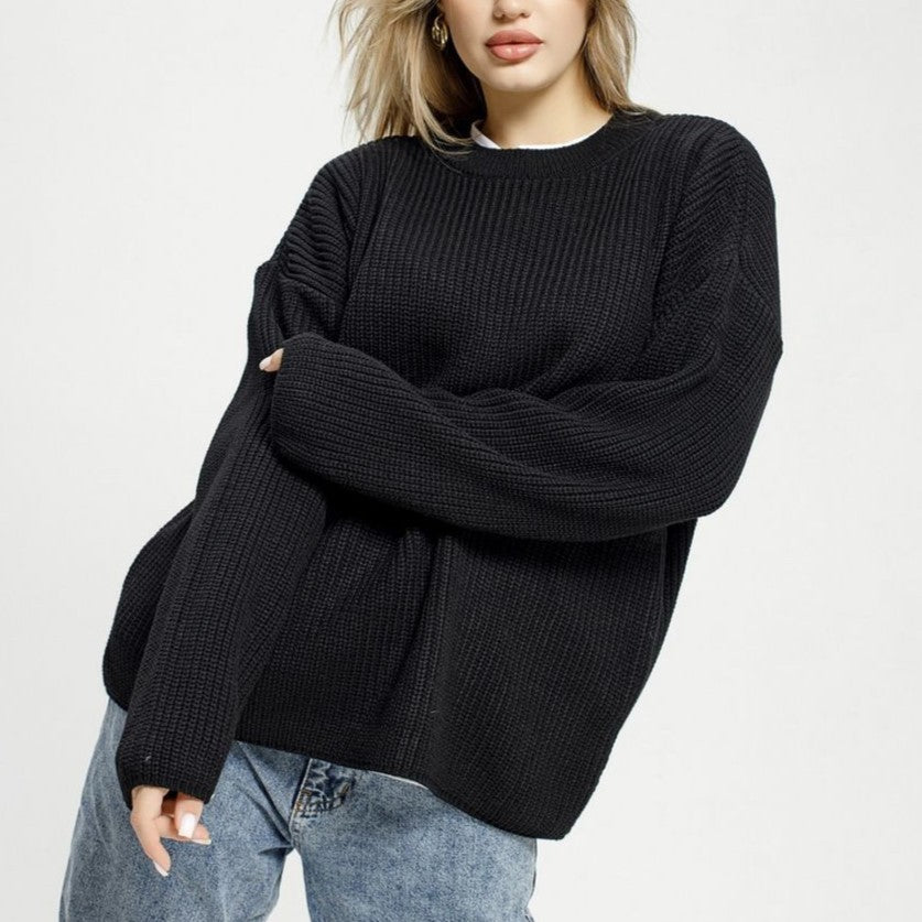 Oversized Chunky Rib Knit Sweater - Black - 2