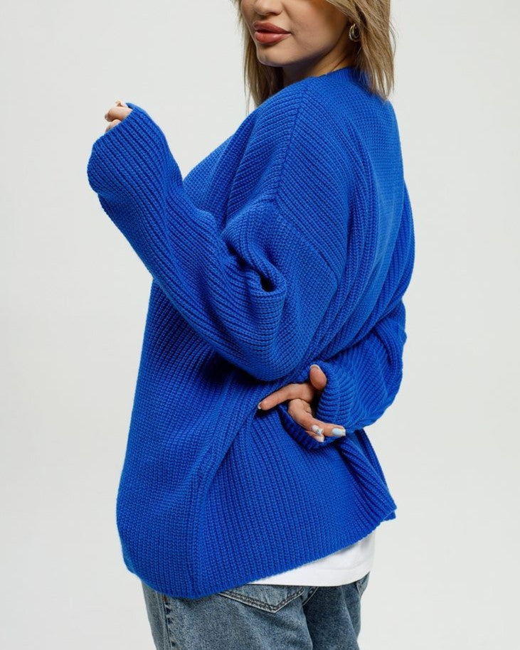 Oversized Chunky Rib Knit Sweater - Blue - 1