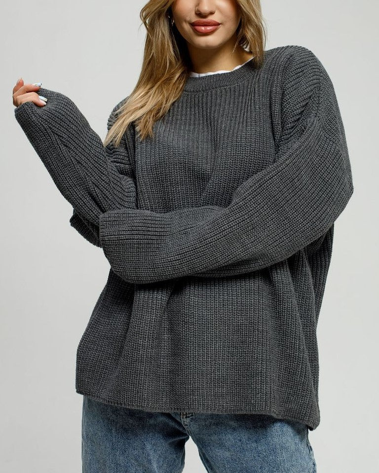 Oversized Chunky Rib Knit Sweater - DarkGray - 1