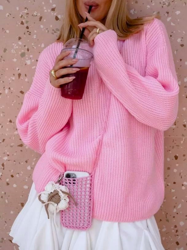 Oversized Chunky Rib Knit Sweater - Pink