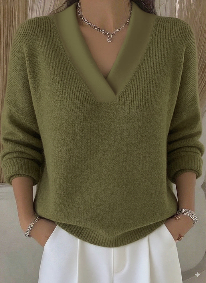 Relaxed V Neck Ribbed Knit Pullover - Army_Green