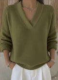 Relaxed V Neck Ribbed Knit Pullover - Army_Green