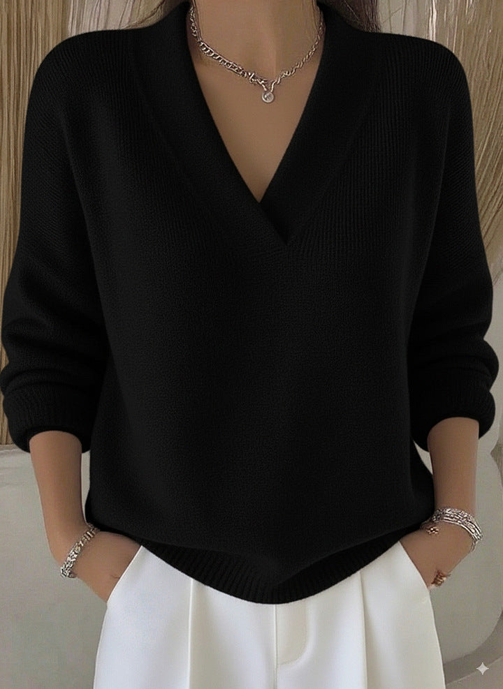 Relaxed V Neck Ribbed Knit Pullover - Black