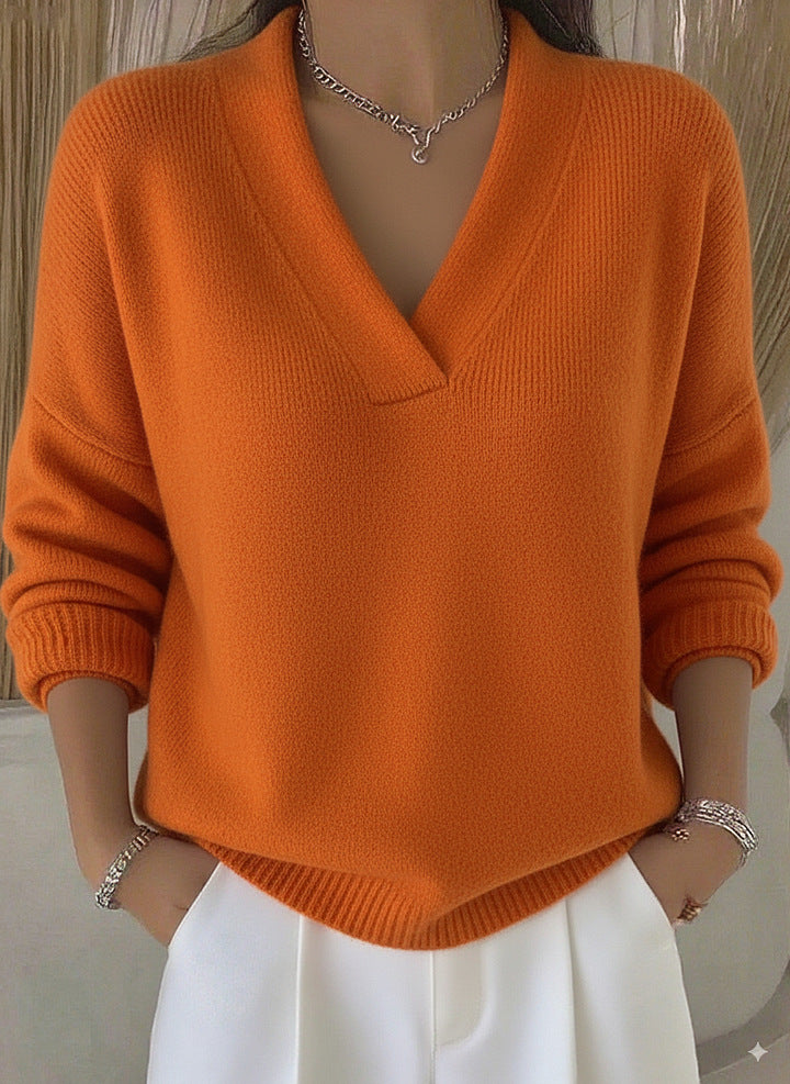 Relaxed V Neck Ribbed Knit Pullover - Orange_Red