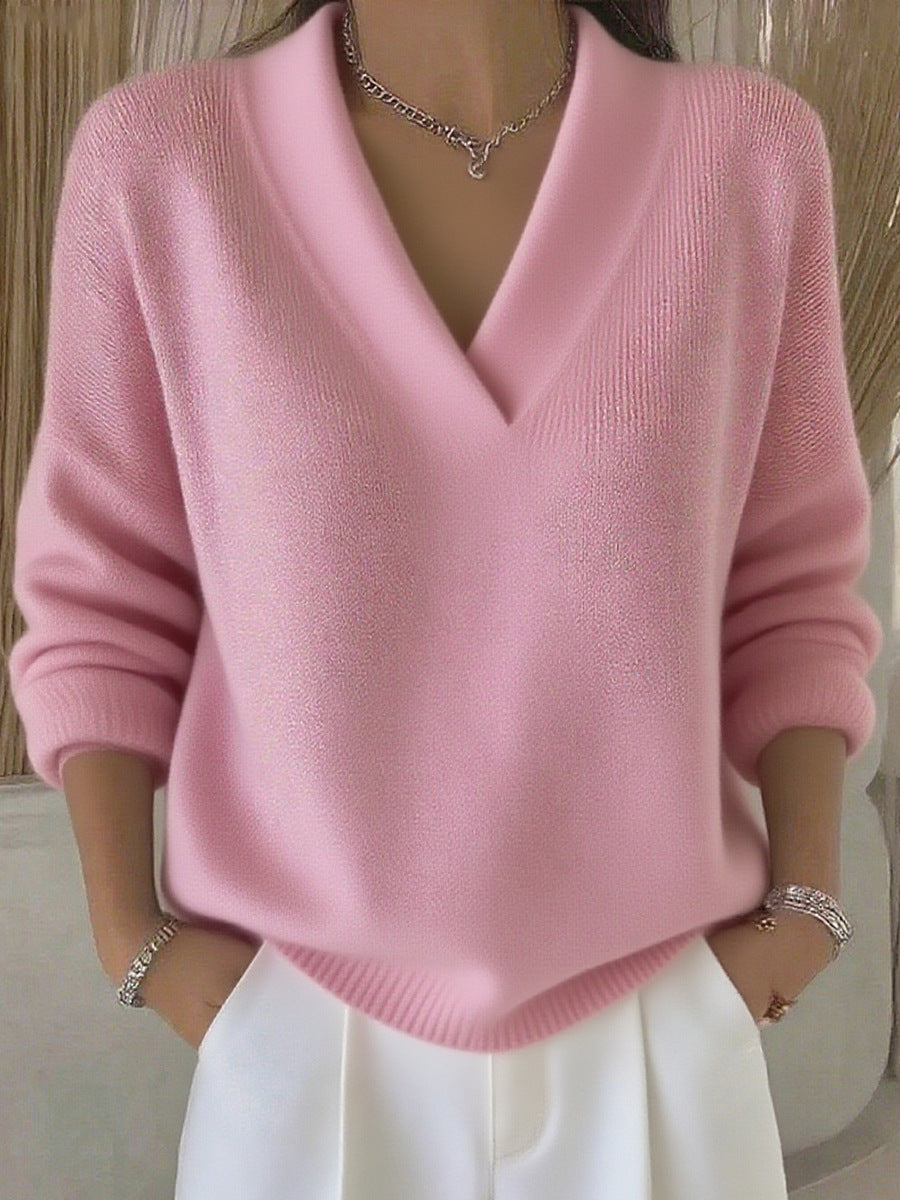 Relaxed V Neck Ribbed Knit Pullover - Pink