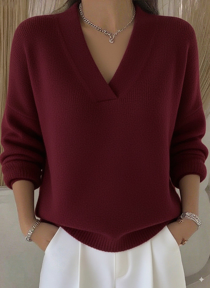 Relaxed V Neck Ribbed Knit Pullover - Wine_Red