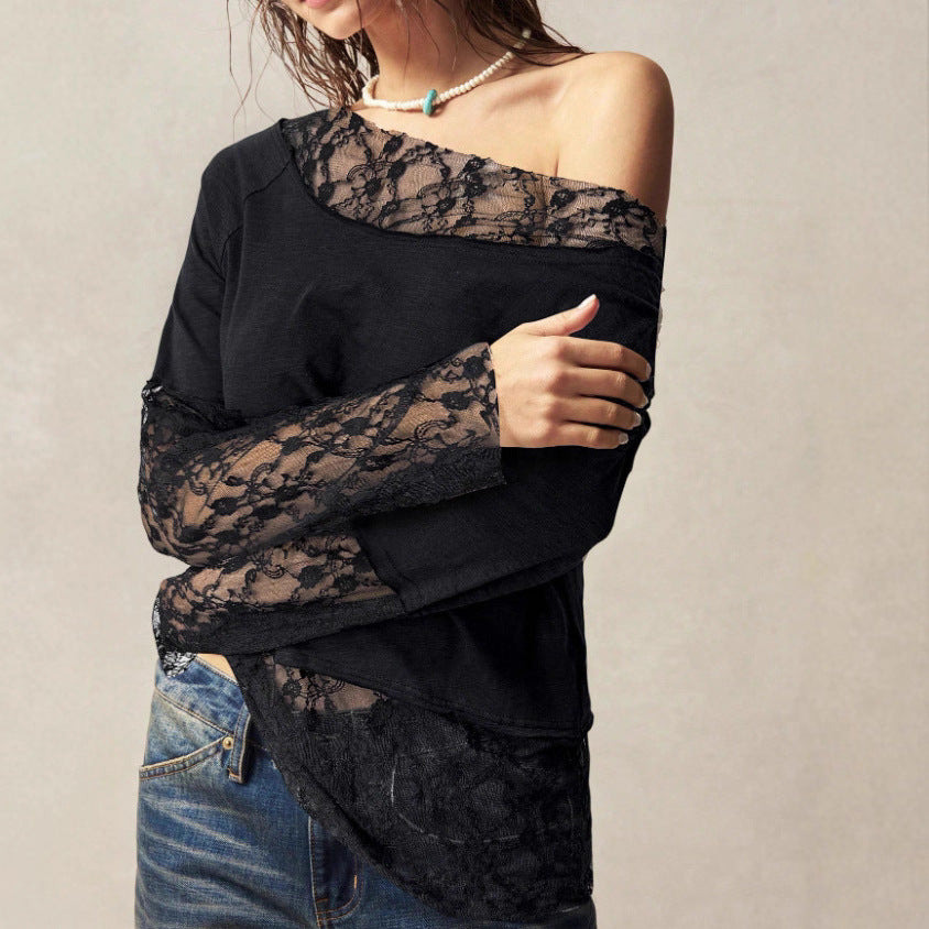 Lace Panel Off Shoulder Boho Top - Black