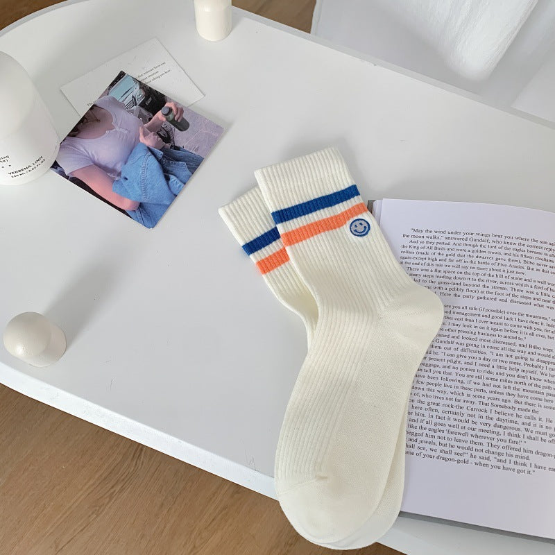 Smiley Patch Double Stripe Crew Socks - Blue