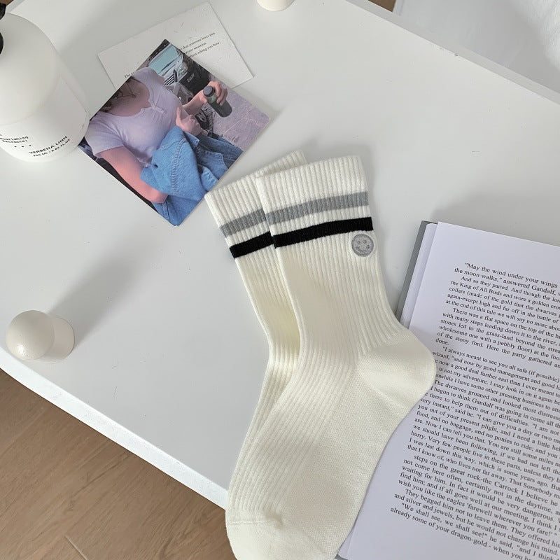 Smiley Patch Double Stripe Crew Socks - Grey