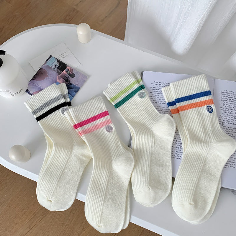 Smiley Patch Double Stripe Crew Socks - Rose