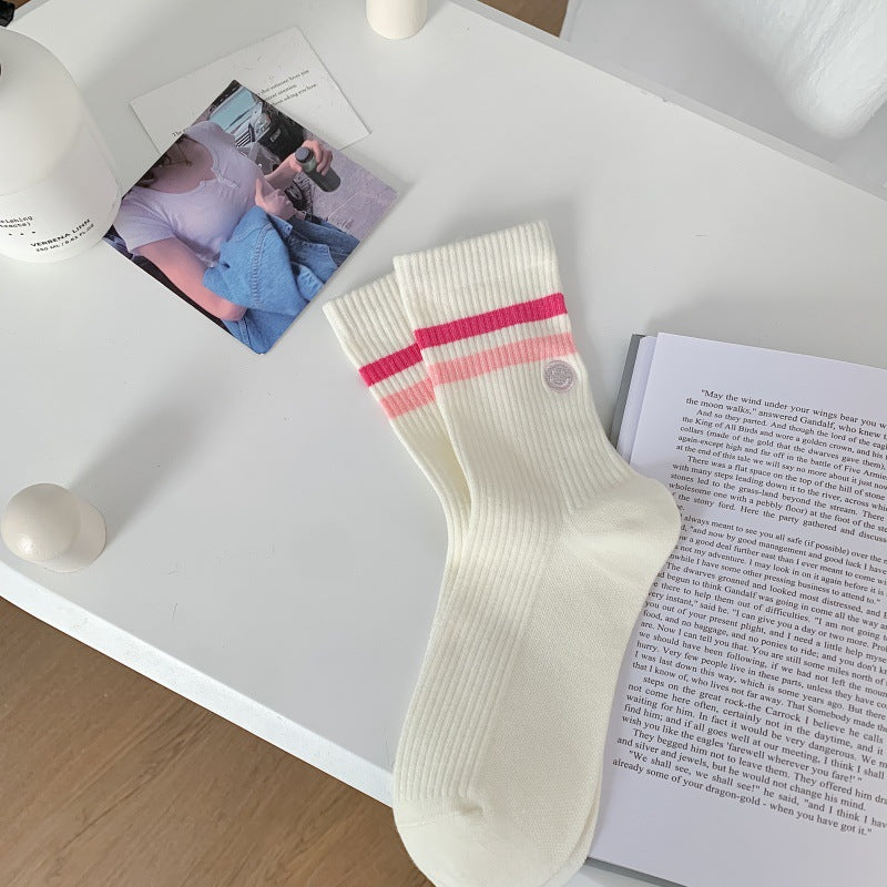 Smiley Patch Double Stripe Crew Socks - Rose - 1