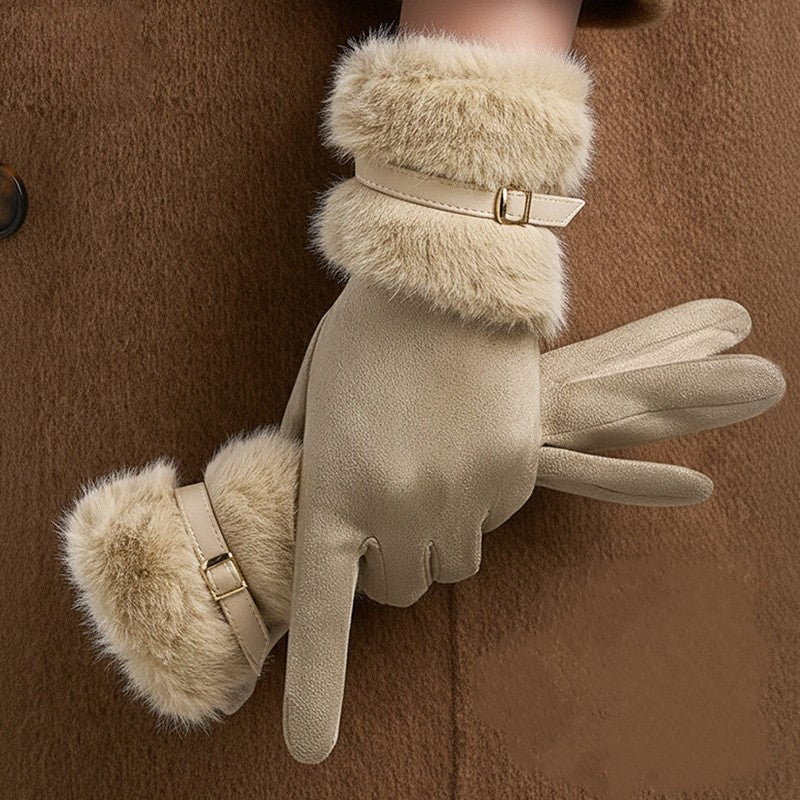 Faux Suede Fur Trim Buckle Strap Winter Gloves