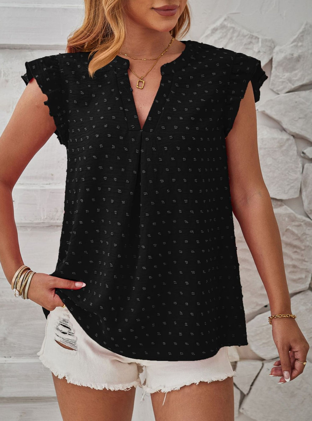 Swiss Dot Ruffle Cap Sleeve Split Neck Top - Black - 1