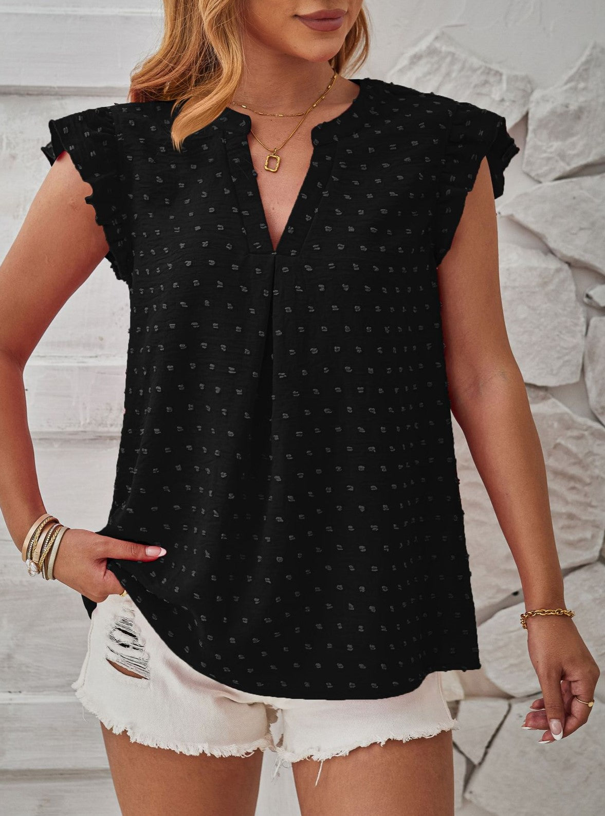 Swiss Dot Ruffle Cap Sleeve Split Neck Top - Black - 1