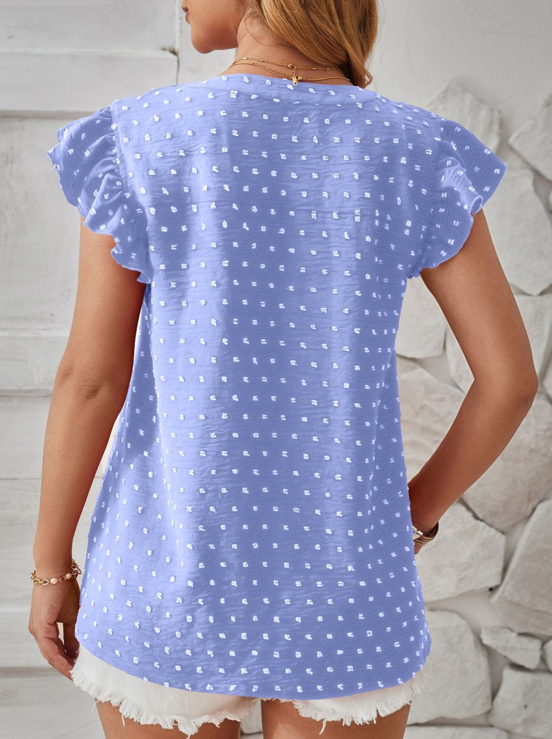 Swiss Dot Ruffle Cap Sleeve Split Neck Top - Blue - 1