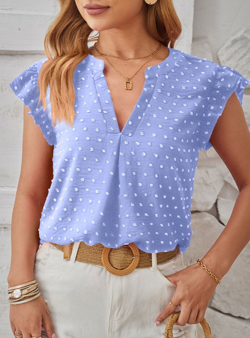 Swiss Dot Ruffle Cap Sleeve Split Neck Top