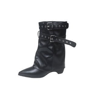Slouchy Pointed Toe Fold Over Buckle Boots - Black