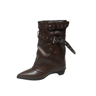 Slouchy Pointed Toe Fold Over Buckle Boots - Dark Brown