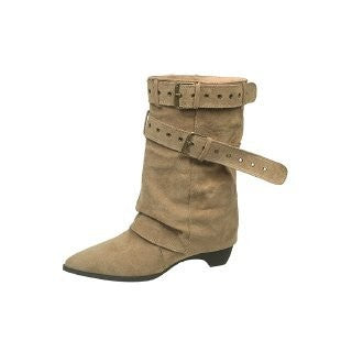 Slouchy Pointed Toe Fold Over Buckle Boots - Khaki