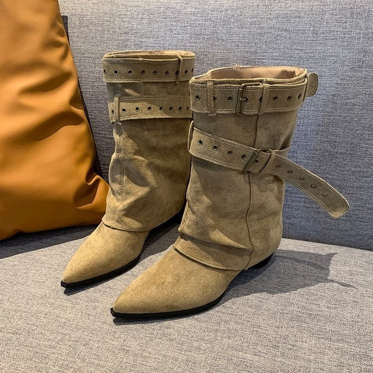 Slouchy Pointed Toe Fold Over Buckle Boots