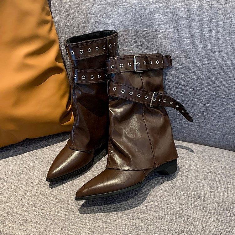 Slouchy Pointed Toe Fold Over Buckle Boots