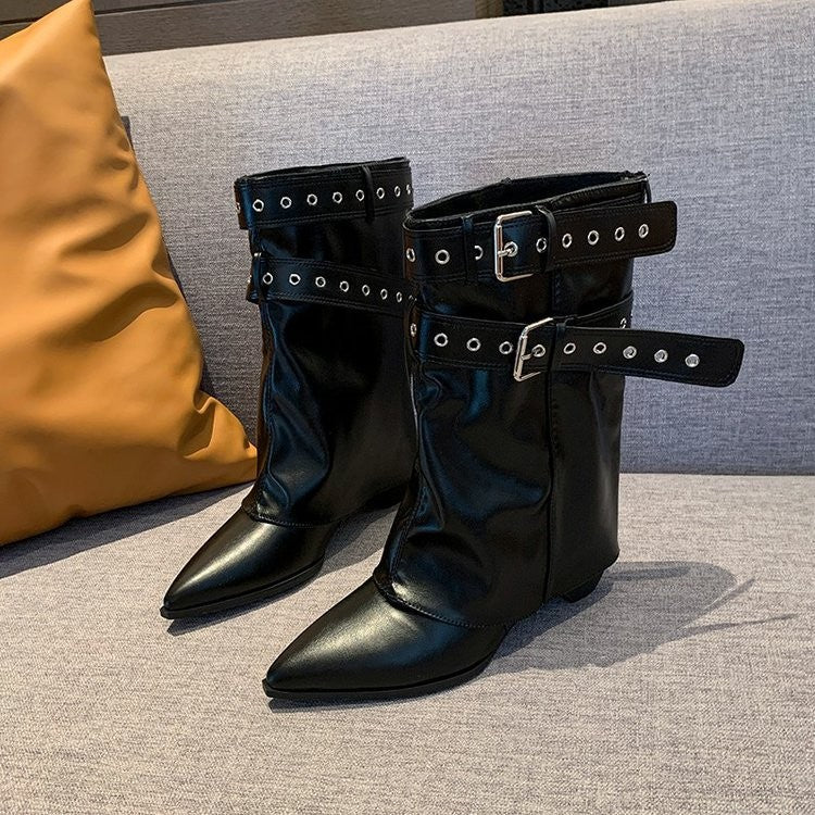 Slouchy Pointed Toe Fold Over Buckle Boots