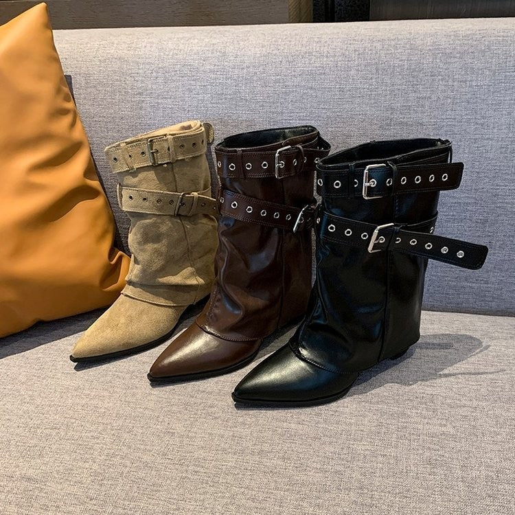 Slouchy Pointed Toe Fold Over Buckle Boots
