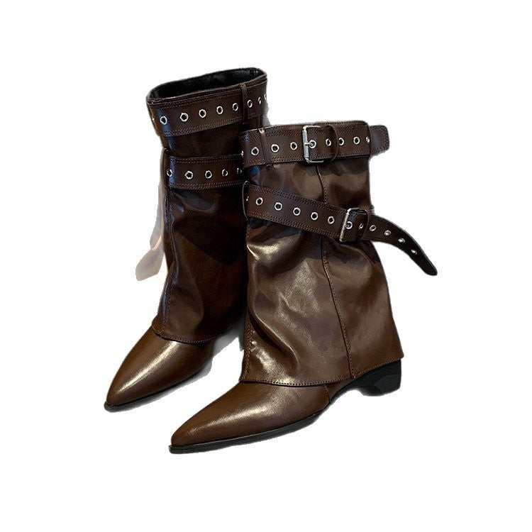 Slouchy Pointed Toe Fold Over Buckle Boots