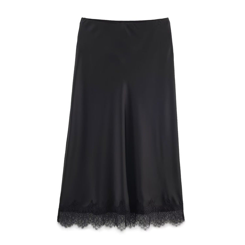 Satin Slip Midi Skirt With Lace Hem - Black - 1
