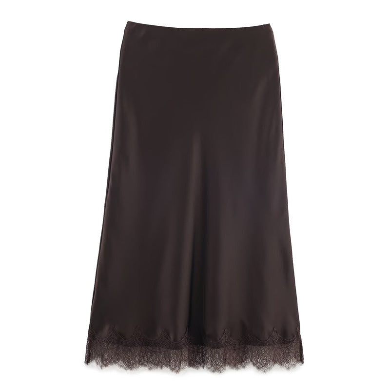 Satin Slip Midi Skirt With Lace Hem - Brown