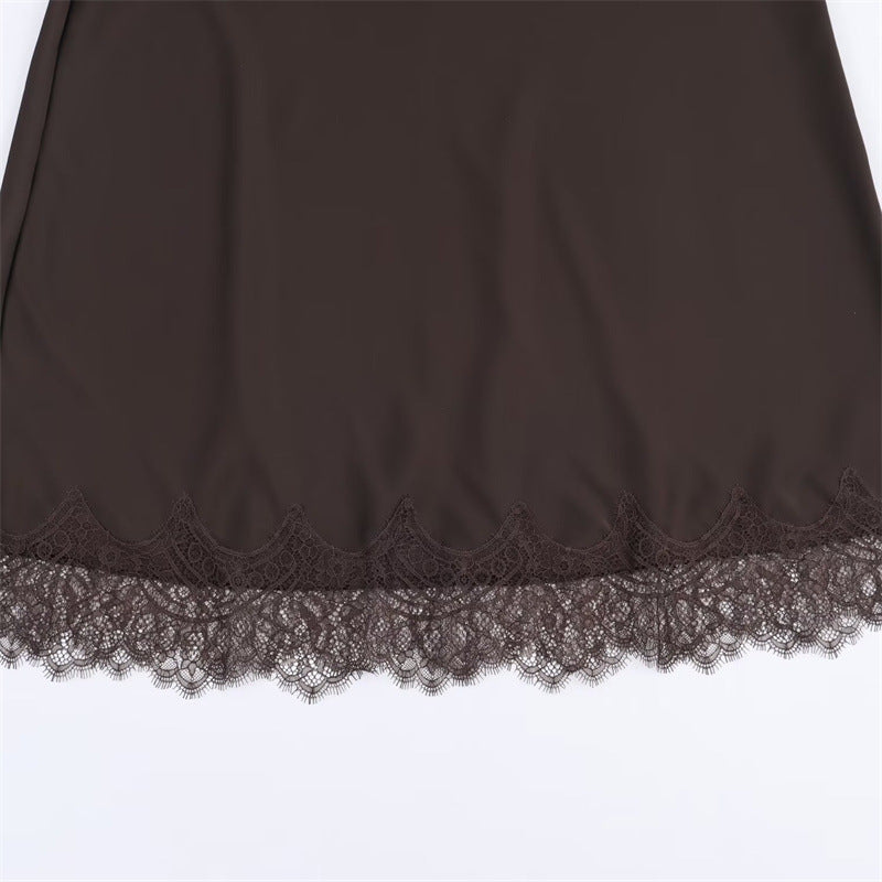 Satin Slip Midi Skirt With Lace Hem - Brown - 2