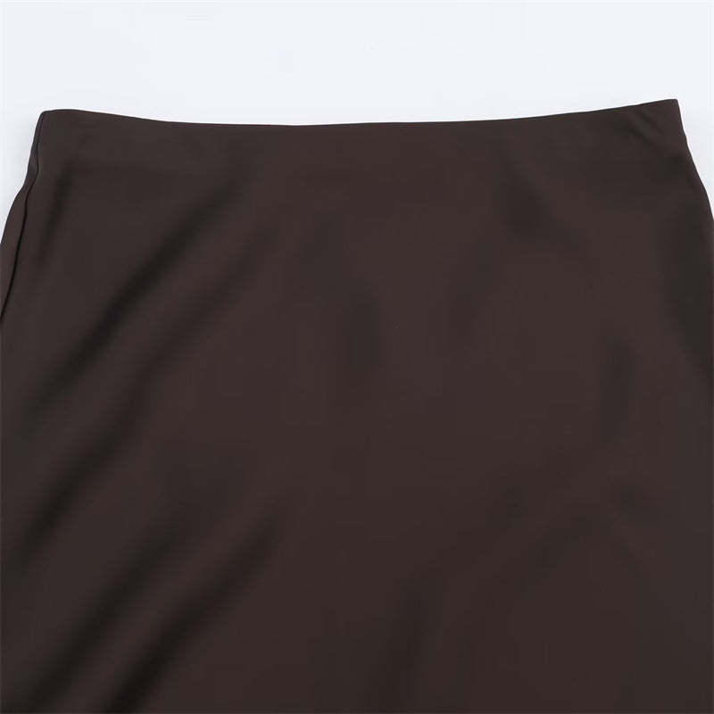 Satin Slip Midi Skirt With Lace Hem - Brown - 3