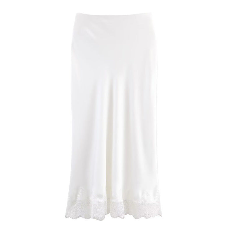 Satin Slip Midi Skirt With Lace Hem - White
