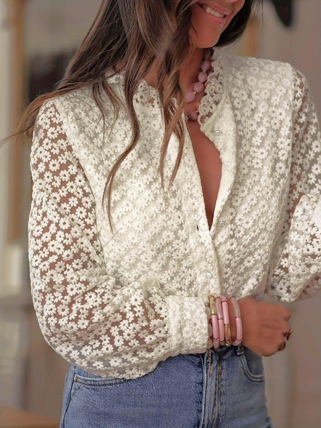 Daisy Crochet Lace Button Front Blouse - Beige - 2