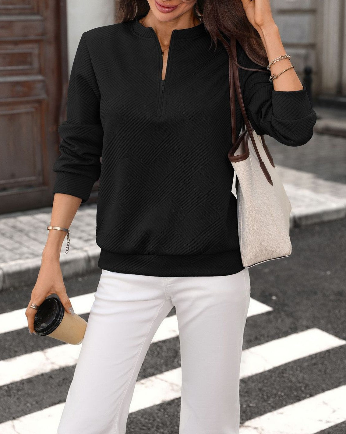 Textured Half Zip Pullover Sweatshirt - Black