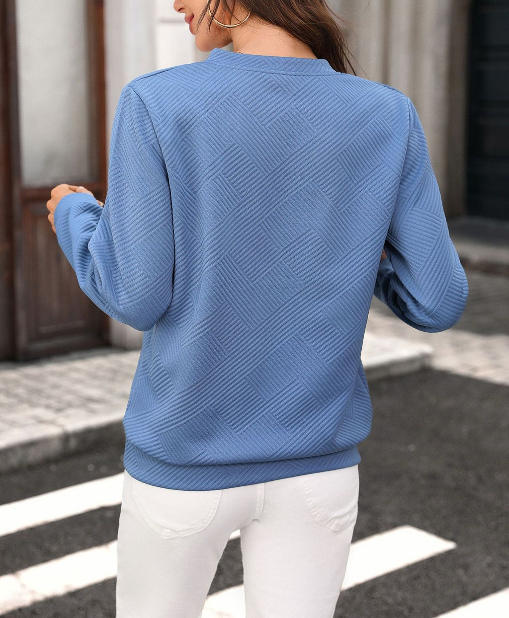 Textured Half Zip Pullover Sweatshirt - Blue - 2