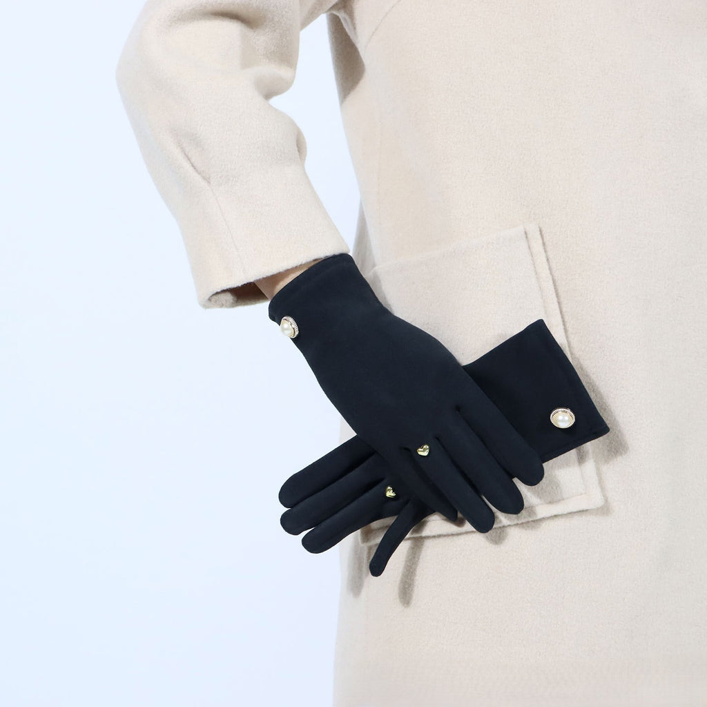 Pearl Button Fleece Lined Winter Gloves - Black
