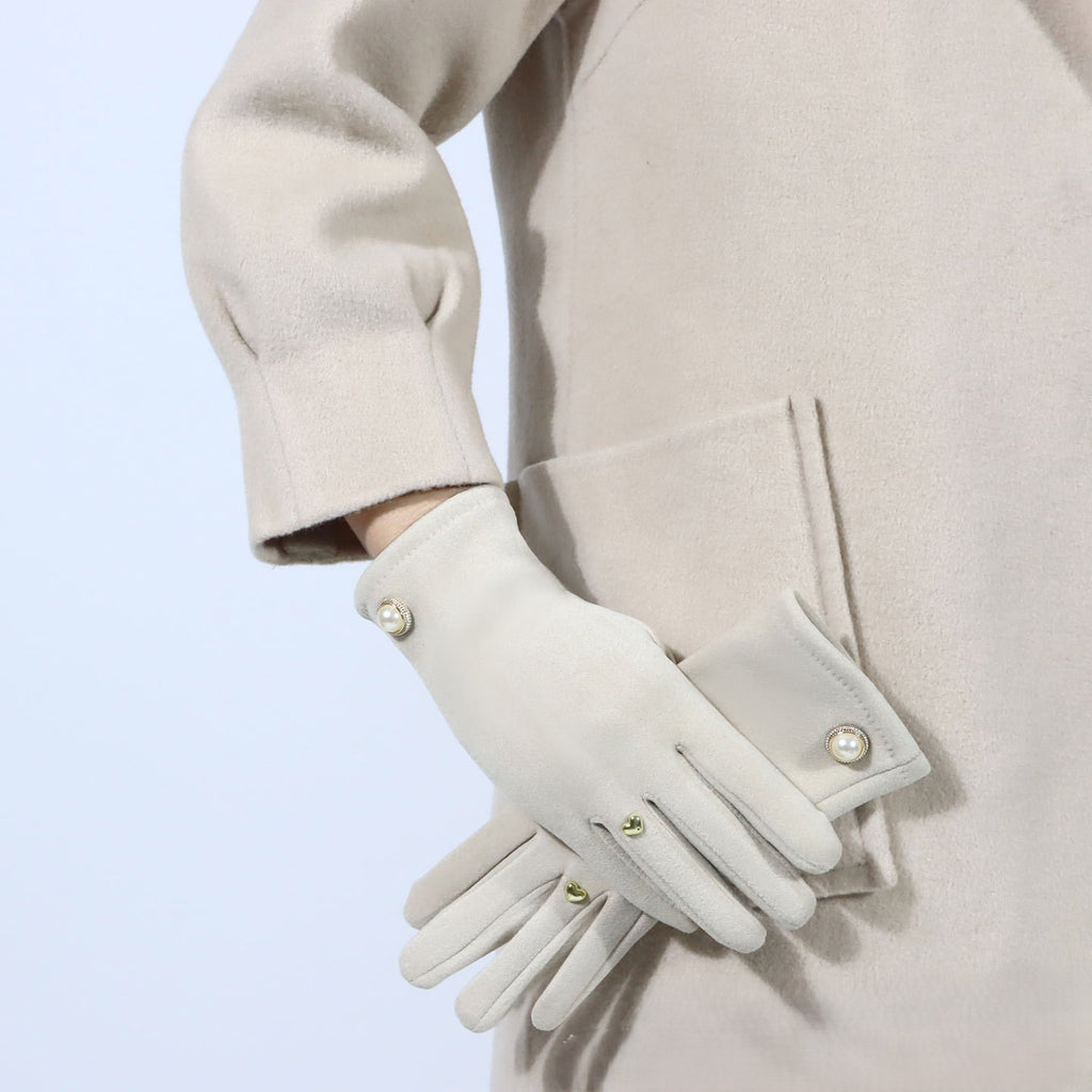 Pearl Button Fleece Lined Winter Gloves - OffWhite