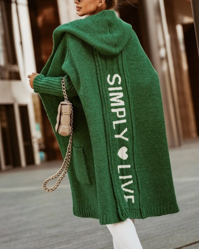 Slogan Print Hooded Longline Cardigan - Green