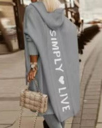 Slogan Print Hooded Longline Cardigan - Grey
